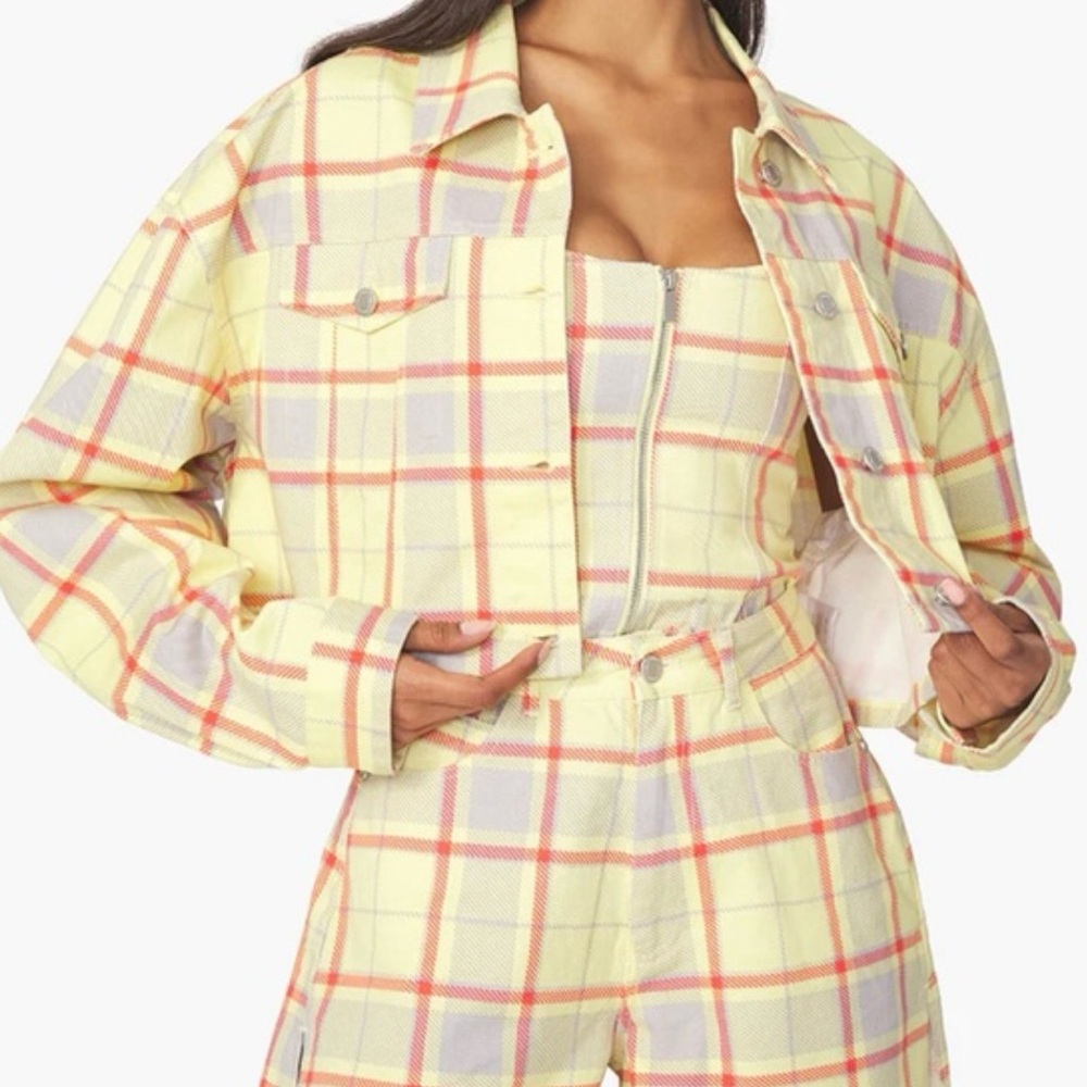 WEWOREWHAT Plaid Cropped Denim Jacket Garden Glade Yellow Size M/L NWT